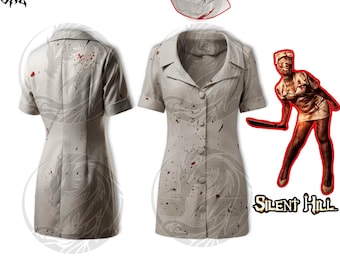 Silent Hill Nurse Cosplay Costume Set - Bubble Head Nurse Dress, Matching Nurse Hat & Crepe Head Bandages - Halloween Outfit Comic Con