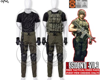 May include: A tactical costume set featuring a black t-shirt, olive green cargo pants with a belt, black fingerless gloves, and a tactical vest with multiple pockets. The set includes a holster and knee pads, inspired by the character Carlos Oliveira.