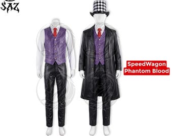 Handmade Speedwagon Cosplay Full Set Costume Unisex, Victorian Trench Coat, Vest, Shirt, Pants, Tie, Top Hat, Leather & Wool Suit