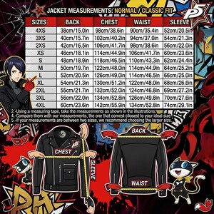 May include: A size chart for a jacket featuring a table with measurements in centimeters and inches for sizes 4XS to 4XL. The graphic includes illustrations of a black jacket with yellow measuring tapes and Persona 5 character art.