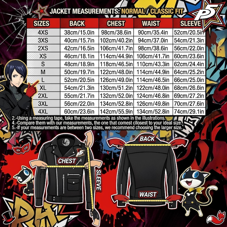 May include: A size chart for a jacket featuring a table with measurements in centimeters and inches for sizes 4XS to 4XL. The graphic includes illustrations of a black jacket with yellow measuring tapes and Persona 5 character art.