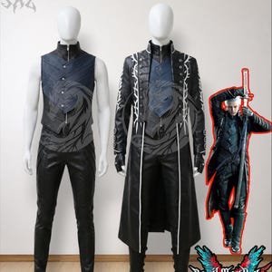 May include: A black and blue sleeveless vest and matching black trousers on a mannequin, alongside a long black coat with white trim and silver buttons, also on a mannequin, with a character illustration and the text Devil May Cry 5.