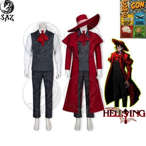 May include: A cosplay costume set featuring a white long-sleeve shirt, a dark gray double-breasted vest, matching dark gray trousers, a red cravat, a long red coat with a capelet, and a wide-brimmed red hat with a white band, inspired by Hellsing.