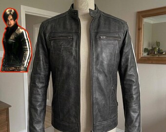 Leon S Kennedy Vendetta Real Leather Jacket – Distressed Motorcycle Biker Cosplay