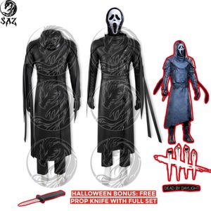 Pode incluir: Um traje preto com capuz, incluindo um casaco comprido, calças e uma máscara de fantasma branca. O conjunto inclui uma faca de adereço e exibe o texto Dead by Daylight. O traje é mostrado de costas e de frente, com uma personagem ilustrada.