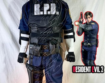 May include: A navy blue police uniform costume featuring a black tactical vest with white R.P.D. lettering on the chest. The set includes matching navy blue trousers, black elbow and knee pads, a black utility belt with pouches, and black tactical gloves.