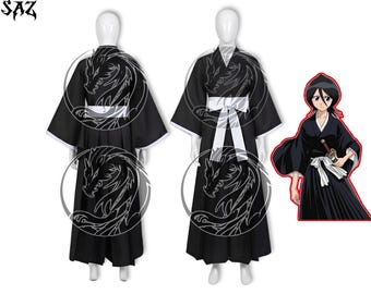 Rukia Kuchiki Cosplay Costume Full Set - Anime Inspired Black Trench Coat, Kimono Top & Hakama Handmade Women Comic Con Halloween Outfit