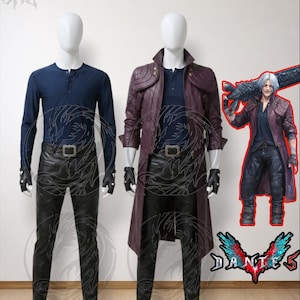 May include: A cosplay costume set featuring a dark blue henley shirt, black trousers with a belt, and a long burgundy coat with metallic buttons. The set includes black fingerless gloves and is displayed on two white mannequins.