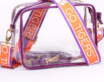 Clemson Clear Purse with Strap / GO TIGERS - Licensed, Canvas, Purse, Tailgate, Game Day, Stadium, Crossbody, Back to School, Graduation
