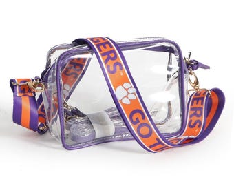 Clemson Clear Purse with Strap / GO TIGERS - Licensed, Canvas, Purse, Tailgate, Game Day, Stadium, Crossbody, Back to School, Graduation