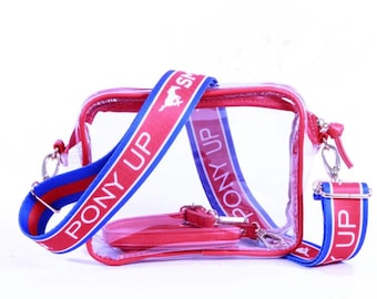 SMU - PONY UP Clear Purse with Strap, Licensed, Adjustable, Stadium Approved, Back to School, Graduation, Christmas, Gift, Crossbody