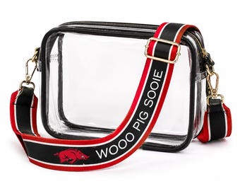 Arkansas WOO PIG SOOIE Clear Purse with Strap, Licensed, Canvas, Game Day, Stadium Approved, Crossbody, Back to School, Graduation Gift