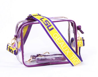 LSU Tigers Clear Purse with Strap, GEAUX TIGERS - Licensed, Canvas, Game Day, Stadium Approved, Graduation Gift, Back To School, Crossbody