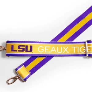 LSU GEAUX TIGERS - Adjustable Purse Strap, Licensed, Patterned, Canvas, Crossbody, Tailgate, Stadium Approved, Graduation Gift, Clear Bag