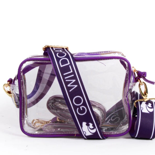 Bolso transparente con correa de Kansas State GO WILDCATS - Ajustable, con licencia, de lona, para el día del partido, cruzado, aprobado por el estadio, regalo de graduación