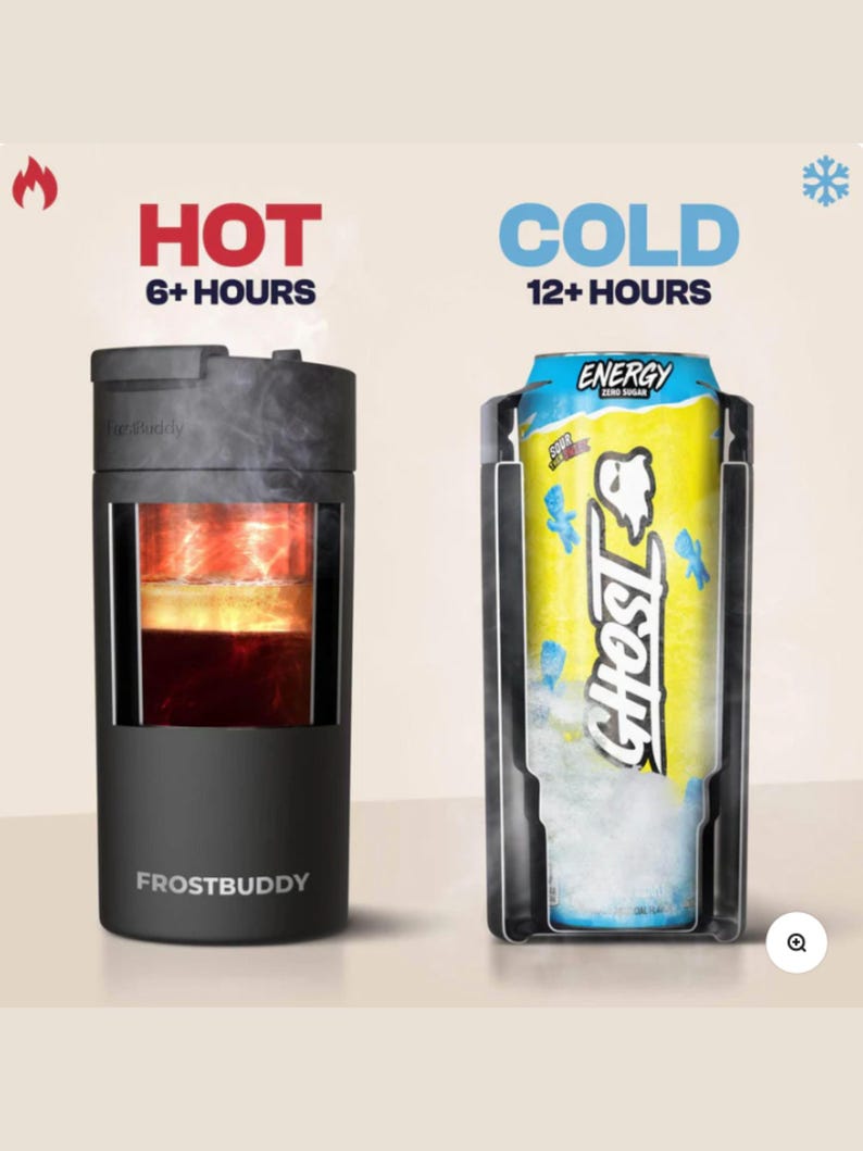 Puede incluir: Un soporte negro para bebidas Frostbuddy con un corte que muestra una bebida caliente y un soporte separado con una lata de bebida Ghost Energy. El texto indica que el soporte mantiene las bebidas calientes durante 6+ horas y fr&iacute;as durante 12+ horas.