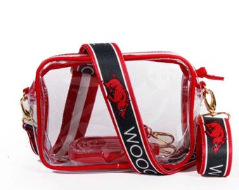 Arkansas WOO PIG SOOIE Clear Purse with Strap, Licensed, Canvas, Game Day, Stadium Approved, Crossbody, Back to School, Graduation Gift
