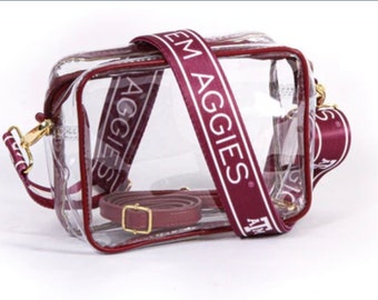 Texas A&M Clear Purse with Strap, GIG 'EM AGGIES - Licensed, Canvas, Tailgate, Stadium Approved, Crossbody, Christmas, Graduation, Gift