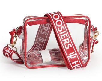 Indiana Hoosiers durchsichtige Handtasche mit Riemen – HOOSIERS-Logo – Offiziell lizenziert, aus Canvas, ideal für Spieltags-Partys, Stadionbesuche, Schulanfang, Schulabschluss, Geschenk