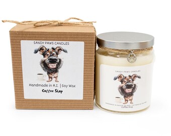 COFFEE SHOP - Quirky Dog Candle in gift box -  All Natural Soy Wax Candle - paraffin-free, phthalate-free, pet friendly