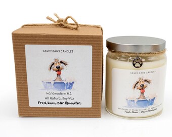 FRESH LINEN - Quirky Dog Candle in gift box -  All Natural Soy Wax Candle - paraffin-free, phthalate-free, pet friendly