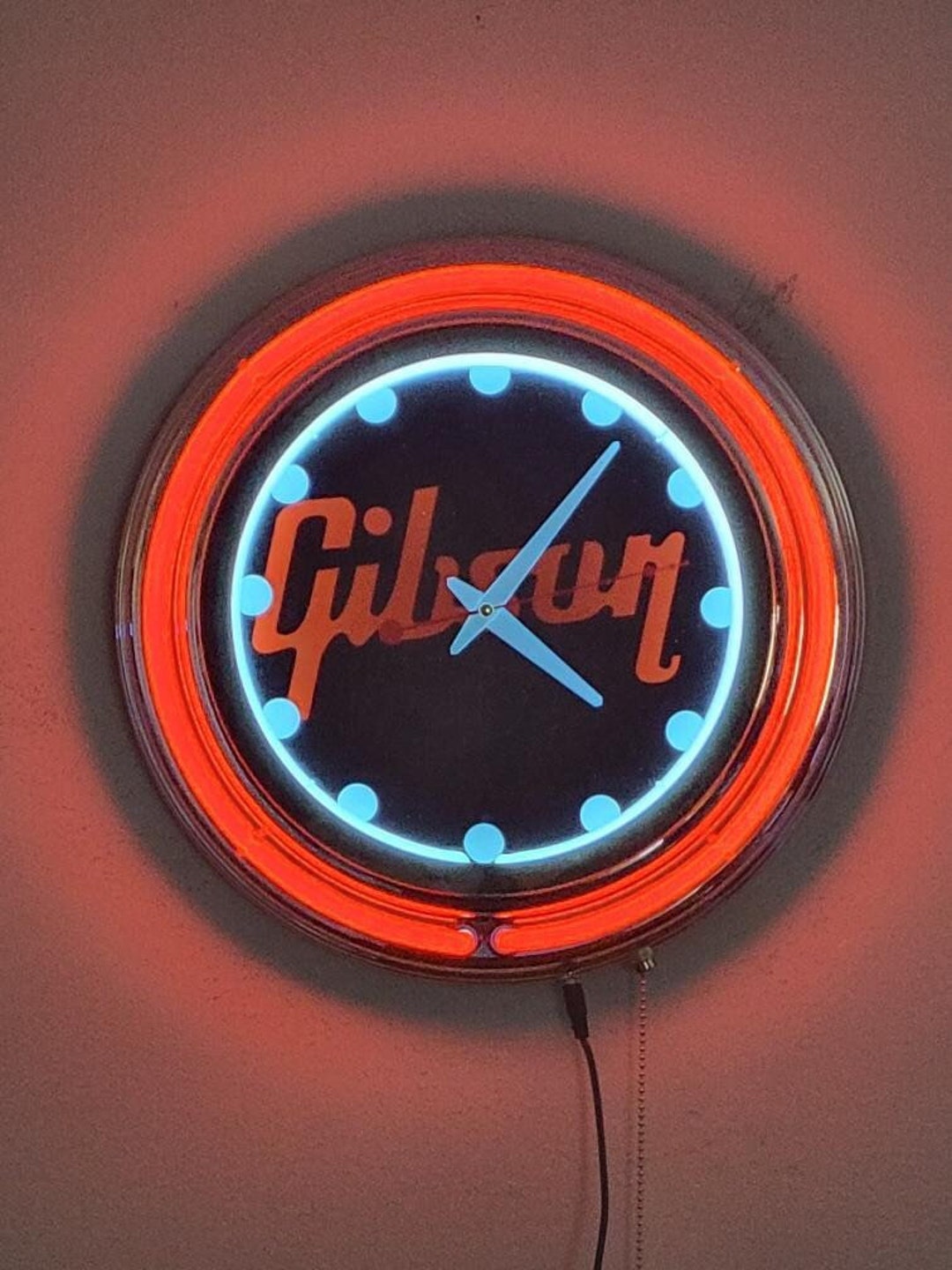Gibson Guitars Neon Wall Clock Double Neon Red & White Man Cave Decor