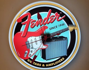 Fender Guitars Dealer Style Light Up Clock Stratocaster/Twin Reverb | White Backlight | Man Cave Decor | Garage Decor | Music Room