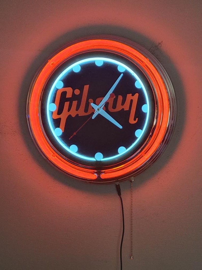 Gibson Guitars Neon Wall Clock Double Neon Red & White Man Cave Decor