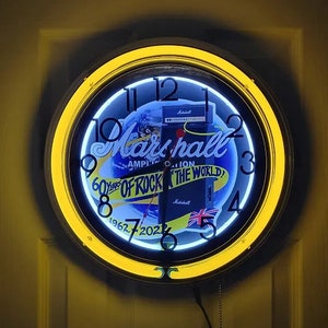 Marshall Amplifiers Dealer Style Double Neon Yellow/White Light Up Clock 60 Years 1962-1922