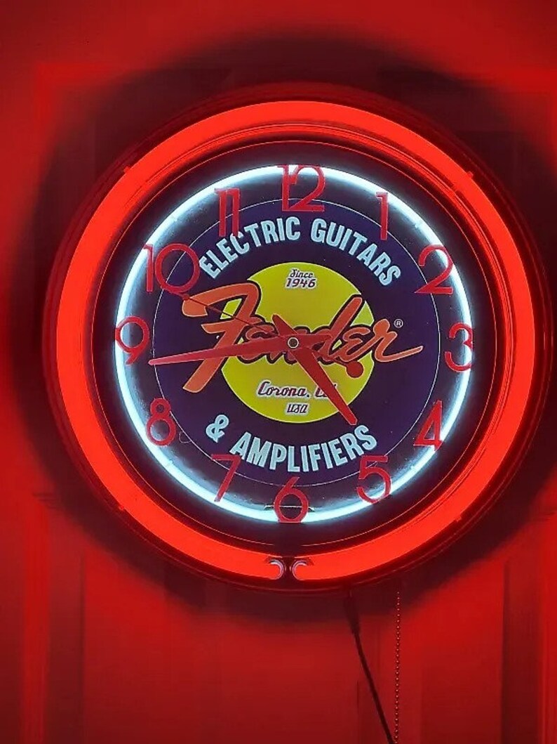 Fender Guitars Neon Wall Clock Double Neon Red & White Man Cave Decor