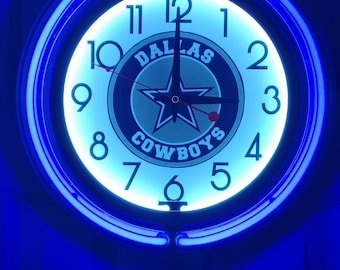 Reloj de pared doble azul neón/blanco de los Dallas Cowboys, artículo genial para cuevas de hombres, bares y garajes, nuevo a estrenar