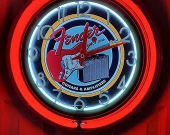 Fender Guitars Dealer Style Double Neon Red/White Light Up Clock Killer Cool Man Cave/Garage/Bar Item Strat & Twin Reverb