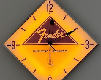 Fender Guitars Light Up Diamond Clock | 1963 Dealer Style White & Amber Light Option| Man Cave Decor | Garage Decor | Music Room Decor |