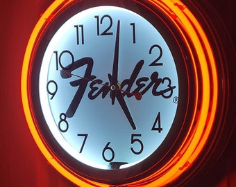 1960's-70's Fender Logo Double Neon Red/White Wall Clock Killer Cool Man Cave, Bar, Garage Item