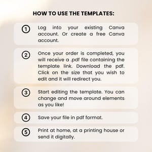 May include: A graphic with instructions on how to use templates. The text reads: Log into your Canva account, download the PDF, edit the template, save in PDF format, and print or send digitally.