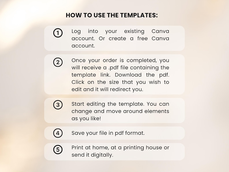 May include: A graphic with instructions on how to use templates. The text reads: Log into your Canva account, download the PDF, edit the template, save in PDF format, and print or send digitally.
