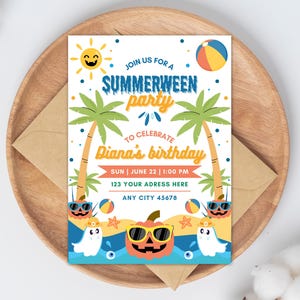May include: A colorful invitation for a "Summerween" party to celebrate a birthday. The design features palm trees, a smiling sun, a beach ball, and a pumpkin wearing sunglasses. The invitation includes the date, time, and address.