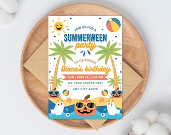 Summerween Birthday Invitation Template Summer Halloween Party Invitation Funny Halloween in Summer Instant Download Spooky Summer Invite