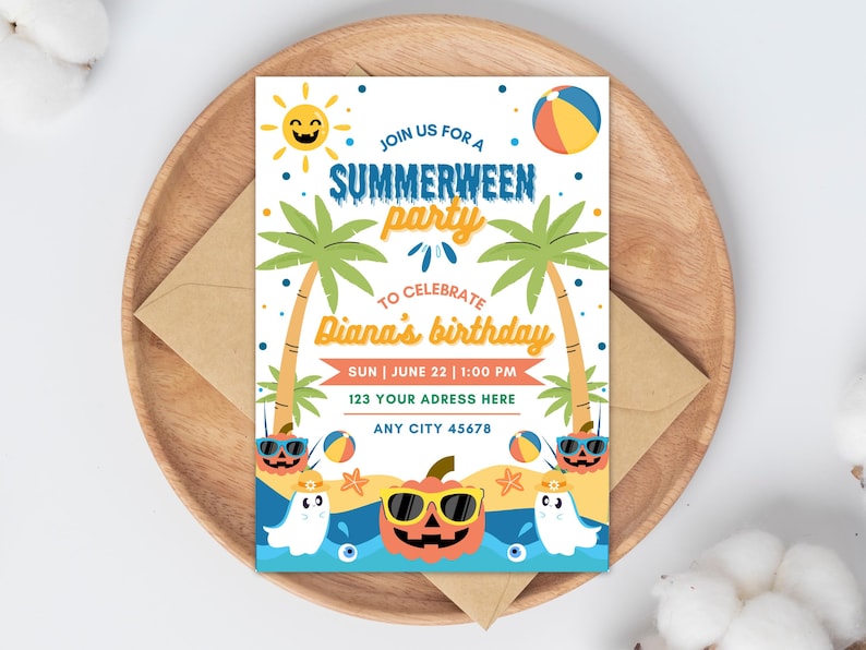 May include: A colorful invitation for a "Summerween" party to celebrate a birthday. The design features palm trees, a smiling sun, a beach ball, and a pumpkin wearing sunglasses. The invitation includes the date, time, and address.
