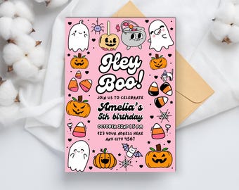 Pink Ghost Girl Birthday Invitation Halloween Birthday Invitation Editable Halloween Party Invite Spooky Sweet Evite Instant Download Canva