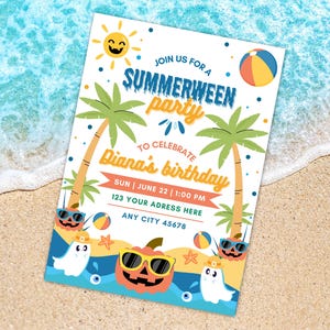 May include: A colorful invitation for a "Summerween" party, celebrating Diana's birthday. The design features a smiling sun, palm trees, beach balls, and Halloween-themed elements like ghosts and a pumpkin wearing sunglasses. The invitation includes the date, time, and address.
