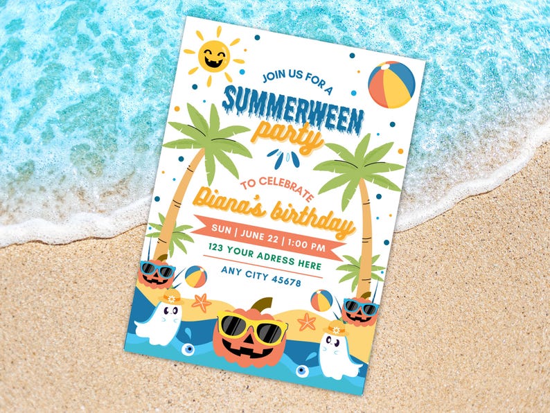 May include: A colorful invitation for a "Summerween" party, celebrating Diana's birthday. The design features a smiling sun, palm trees, beach balls, and Halloween-themed elements like ghosts and a pumpkin wearing sunglasses. The invitation includes the date, time, and address.