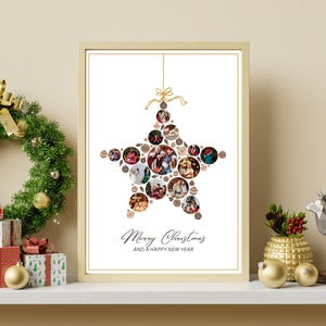 Könnte beinhalten: Ein gerahmtes Weihnachts-Stern-Collage mit Familienfotos. Der Stern ist mit kreisförmigen Bildern gefüllt und von dekorativen Elementen umgeben. Der Text lautet "Merry Christmas and a Happy New Year". Ein festlicher Kranz und Geschenke sind im Hintergrund.