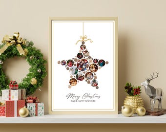 Foto collage di stelle di Natale, modello di collage di foto moderne per le vacanze, stampabile, modificabile, foto di famiglia, regalo di Natale, download immediato