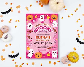 Tricks Treats Halloween Birthday Invitation Template Spooky Sweets Pink Halloween Invite Cute Ghost Birthday Invite Spooktacular Party Canva