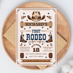Cowboy First Rodeo Invitation Western Cowboy Birthday Invite Template My 1st Rodeo Invitation Boy 1st Birthday Invite Editable Canva Templat