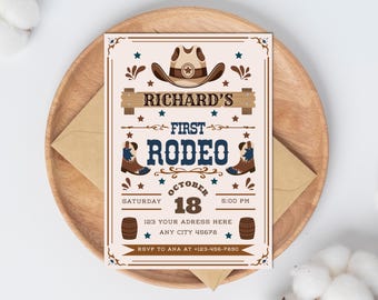 Cowboy eerste rodeo-uitnodiging Westerncowboy verjaardagsuitnodigingssjabloon Mijn 1e rodeo-uitnodiging jongen 1e verjaardag uitnodigen bewerkbare Canva-sjabloon