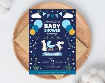 Blue Bunny Baby Shower Invitation Template Dark Blue Floral Rabbit Baby Shower Invite Boy Baby Shower Invite Editable Canva Instant Download