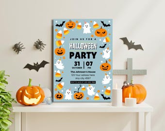 Editable Halloween Party Invitation Template Pastel Green Invitation Spooky Pumpkin Candy Cute Ghost Invite Instant Download Canva Template