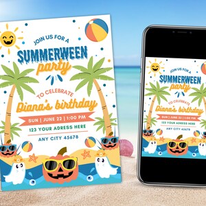 May include: A Summerween party invitation on a white background with a beach theme. The invitation features palm trees, a smiling sun, beach balls, and Halloween-themed characters. The text reads "Join us for a Summerween party to celebrate Diana's birthday."